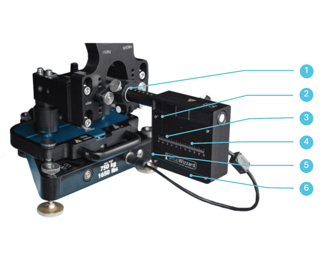 SetupWizzard Digital Toe Laser mit nummerierten Bauteilen von 1 bis 6 für die Spurmessung