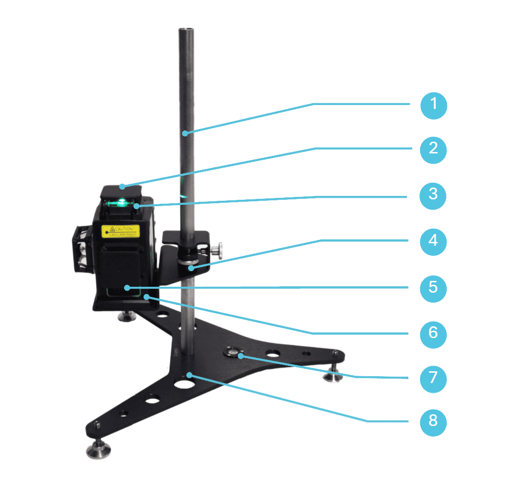 SetupWizzard Leveling Laser mit senkrechter Messstange und nummerierten Bauteilen von 1 bis 8