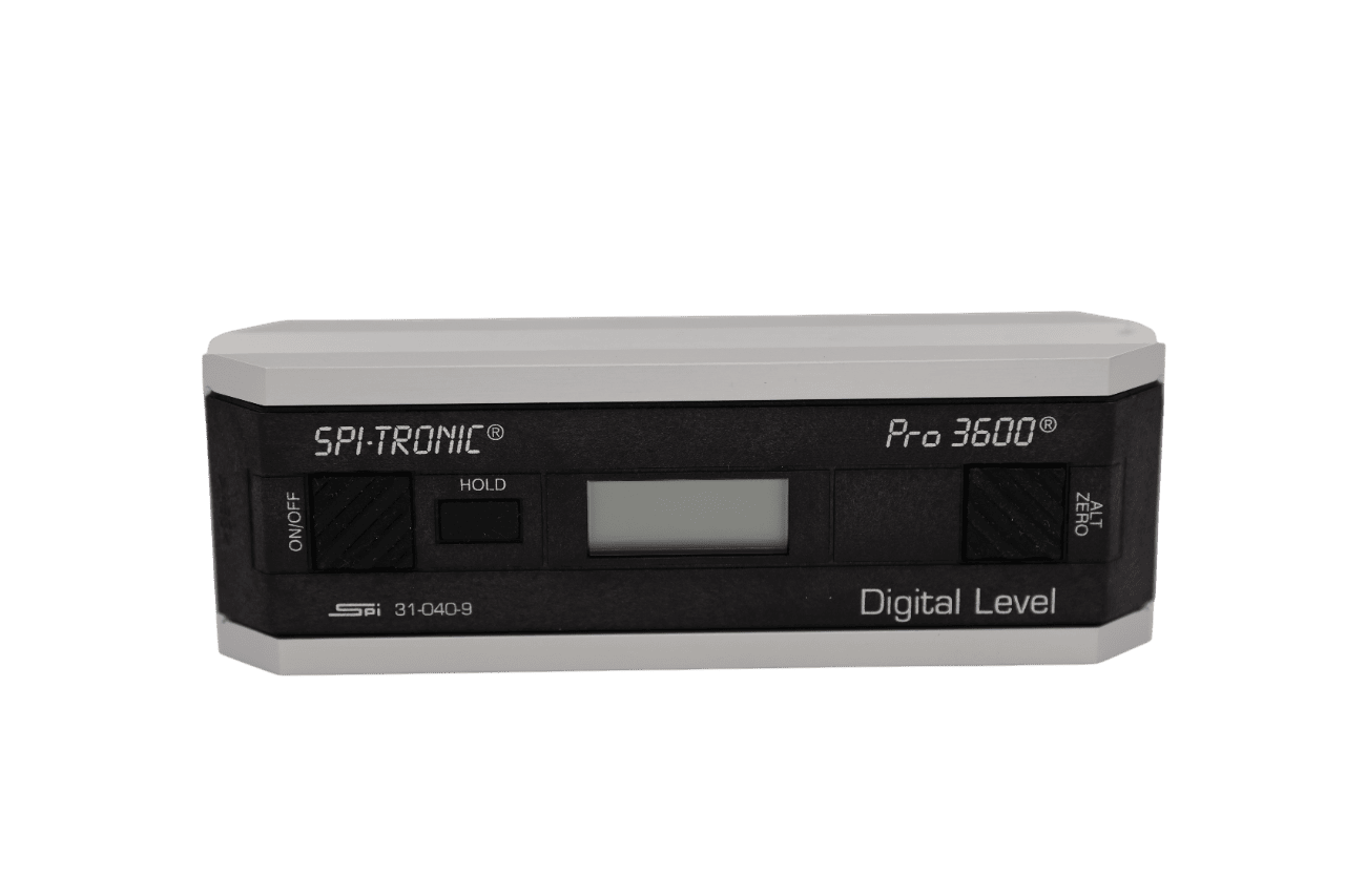 SPI-TRONIC Pro 3600 digitale Wasserwaage mit LCD-Display und Bedientasten vor weißem Hintergrund